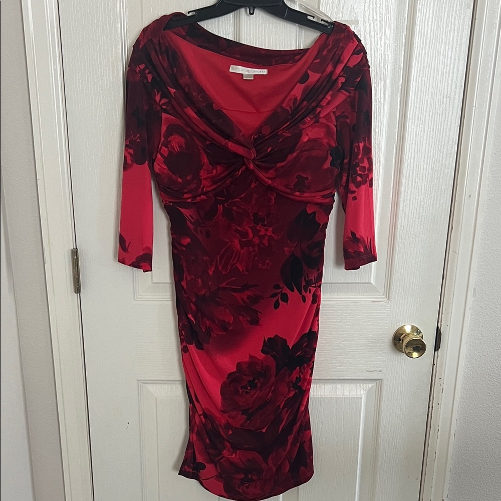 Boston Proper Red and Black Floral Twist-Front Midi Dress
